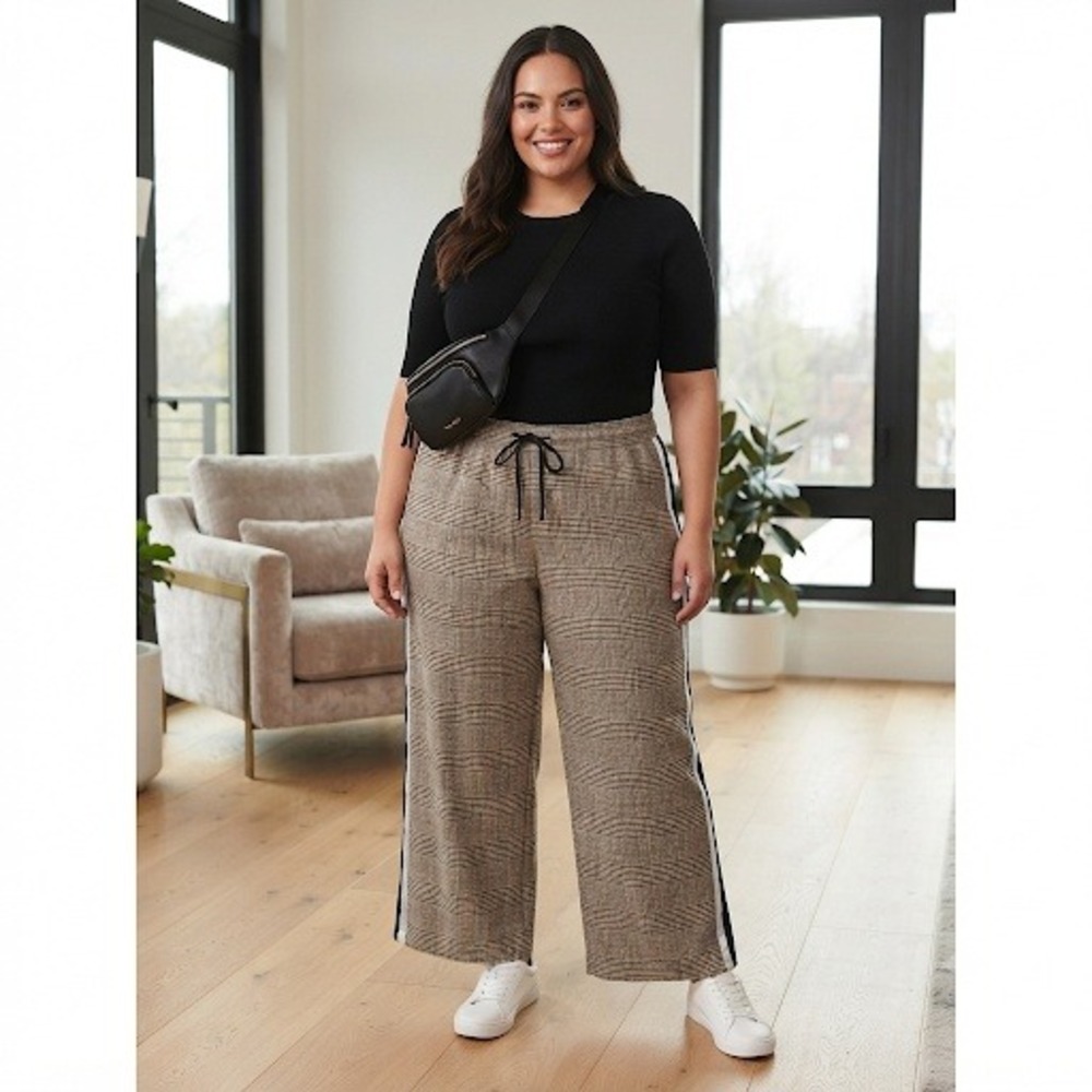 Nine West Plus Size 1X Wide Leg Plaid Pants Brown Black Side Stripe Drawstring